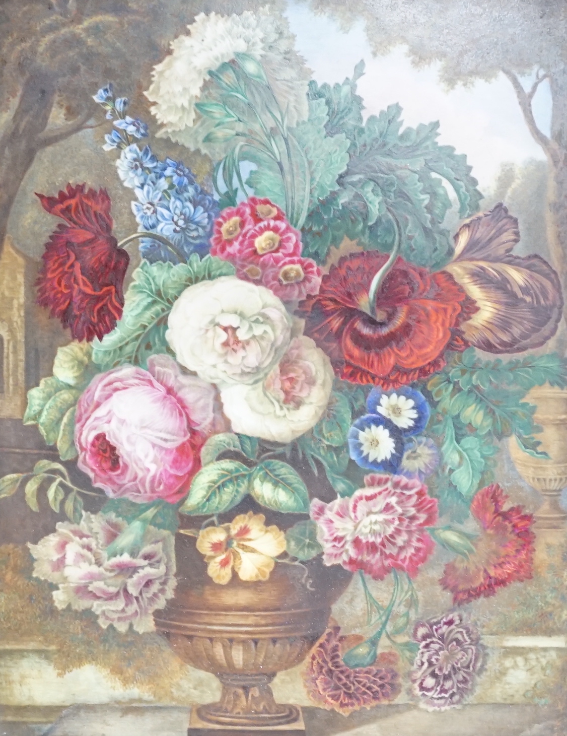 A pair of large English porcelain plaques, painted with flowers in urns, c.1830, maple framed (one cracked), 23cm x 18cm excluding frames